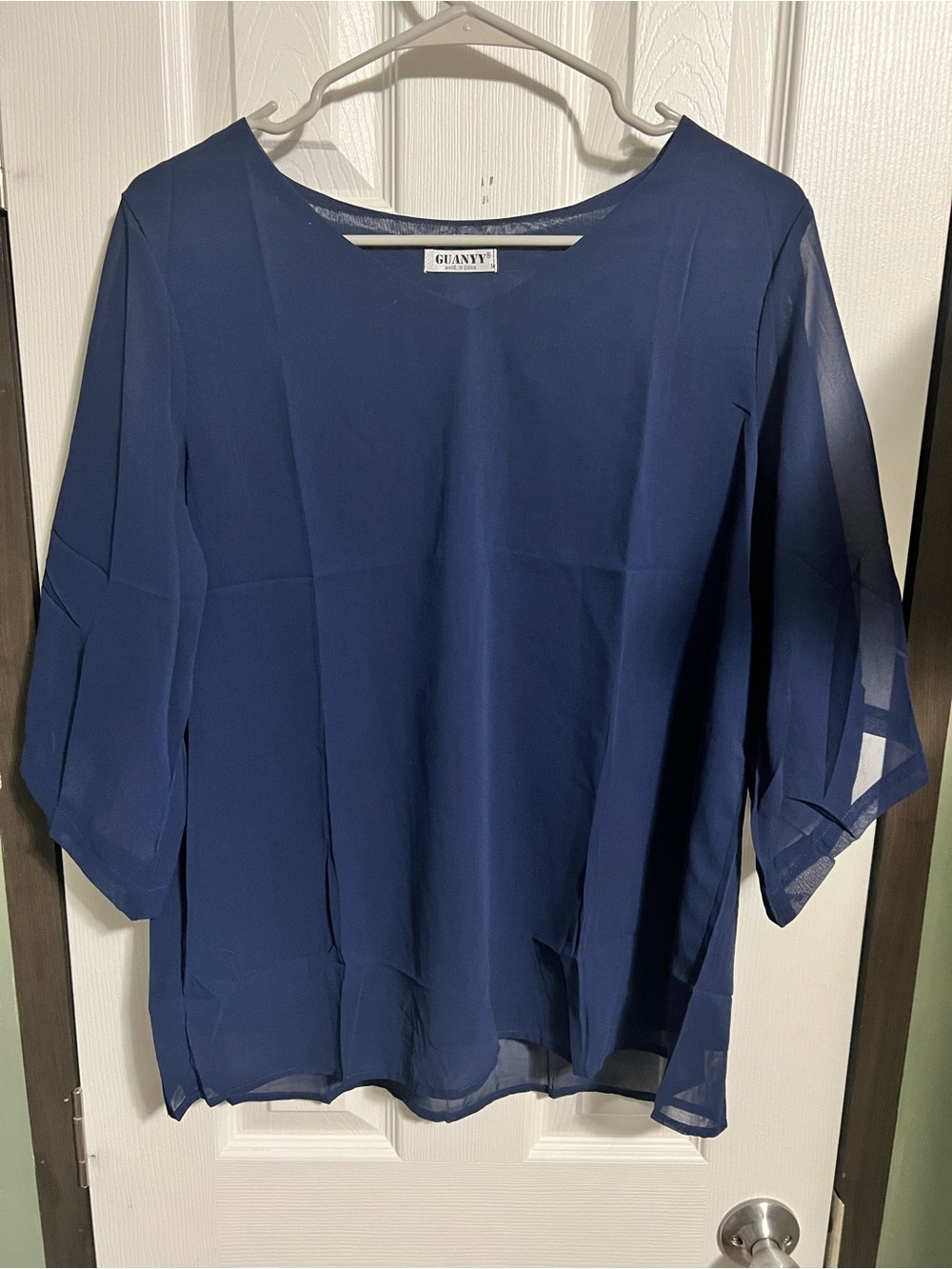 Navy Blue Chiffon Round-Neck Blouse